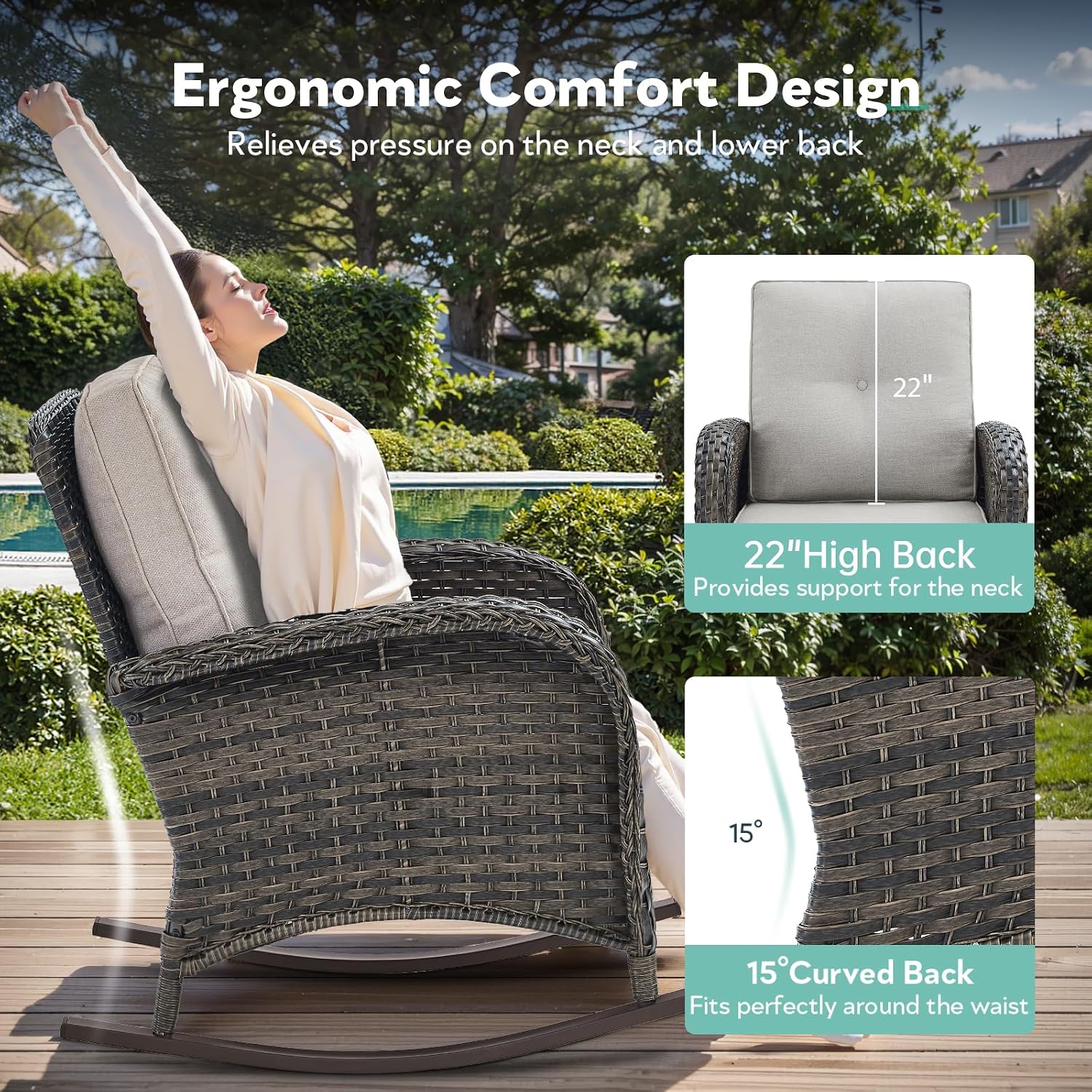 Patio Rocking Chair - 5 Peices Outdoor Wicker Rocker Porch Chair Set with Tempered Glass Side Table, and 2 Ottoman, Rattan Seating for Balcony Garden Brown/Beige