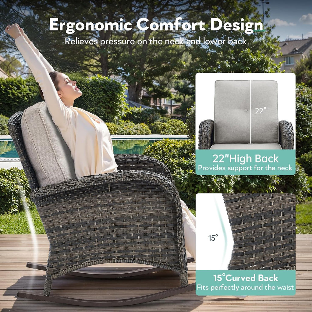 Patio Rocking Chair - 6 Peices Outdoor Wicker Rocker Porch Chair Set with A Rocking Loveseat, Tempered Glass Side Table, and 2 Ottoman, Rattan Seating for Balcony Garden Brown/Beige