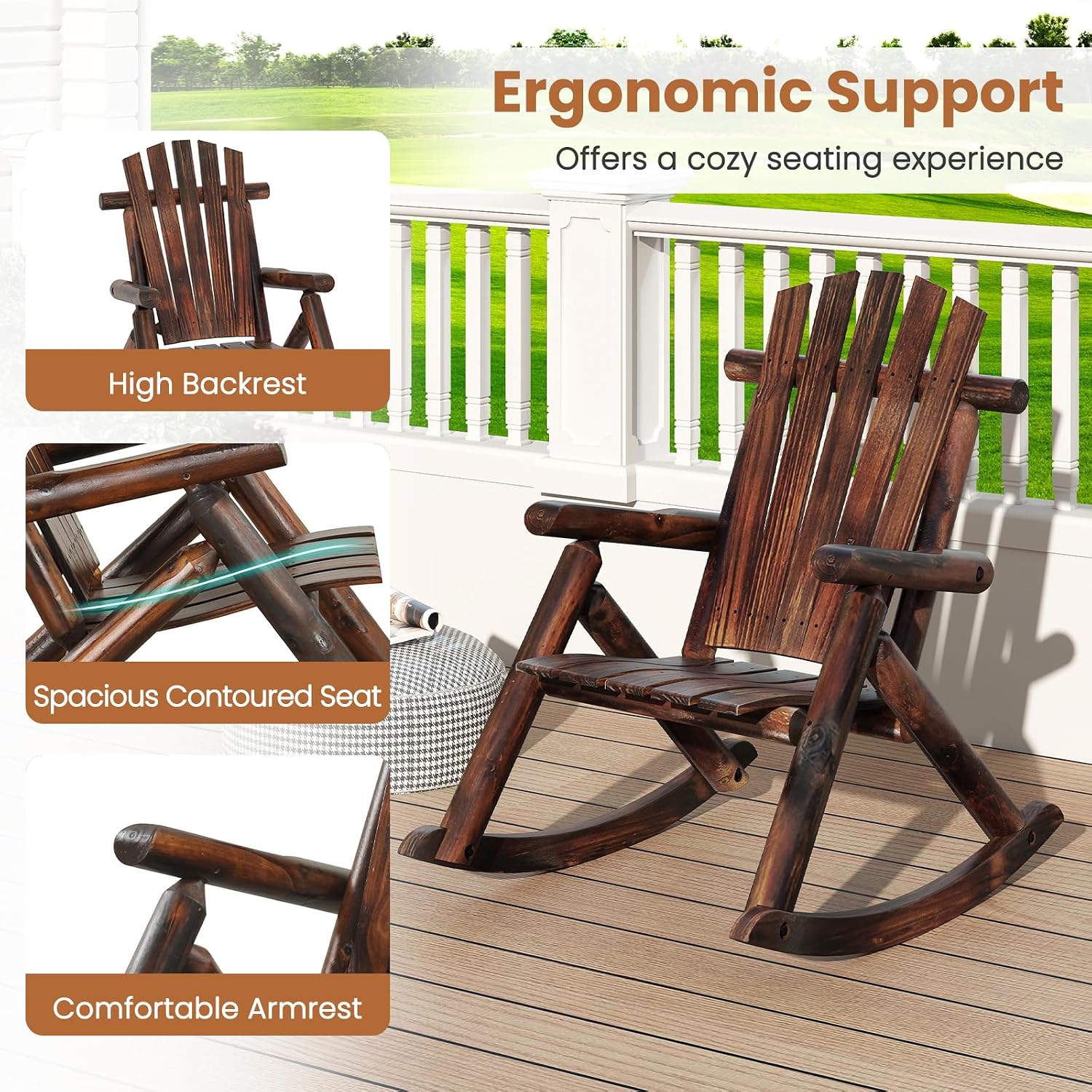 Giantex Outdoor Wooden Rocking Chair, Adirondack Porch Rocker with High Back and Wide Seat, Rustic Log Patio Chair for Front Porch Backyard Garden Balcony Deck, Brown (27'x36'x 38')