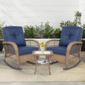MEETWARM 3 Pieces Outdoor Wicker Rocking Chair Set, Rattan Patio Rocker Chairs Set with Cushions and Glass-Top Coffee Table, Conversation Bistro Set for Porch & Backyard - Navy Blue