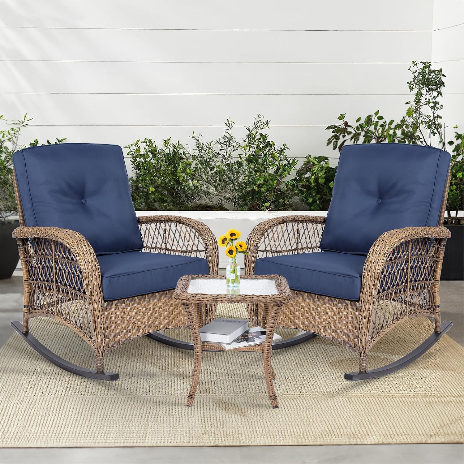 MEETWARM 3 Pieces Outdoor Wicker Rocking Chair Set, Rattan Patio Rocker Chairs Set with Cushions and Glass-Top Coffee Table, Conversation Bistro Set for Porch & Backyard - Navy Blue