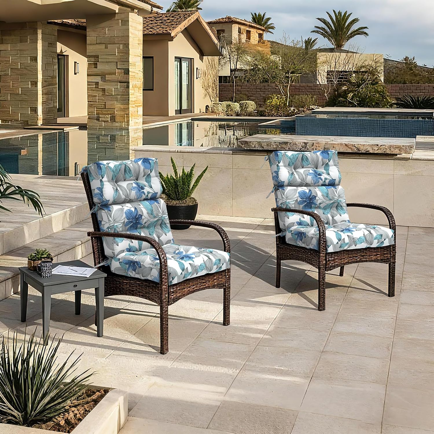 Outdoor High Back Chair Cushions Set of 2, Waterproof Seat Cushion Rocking Chair Cushion with tie 44×20×4 inch, Clemens Noir Blue