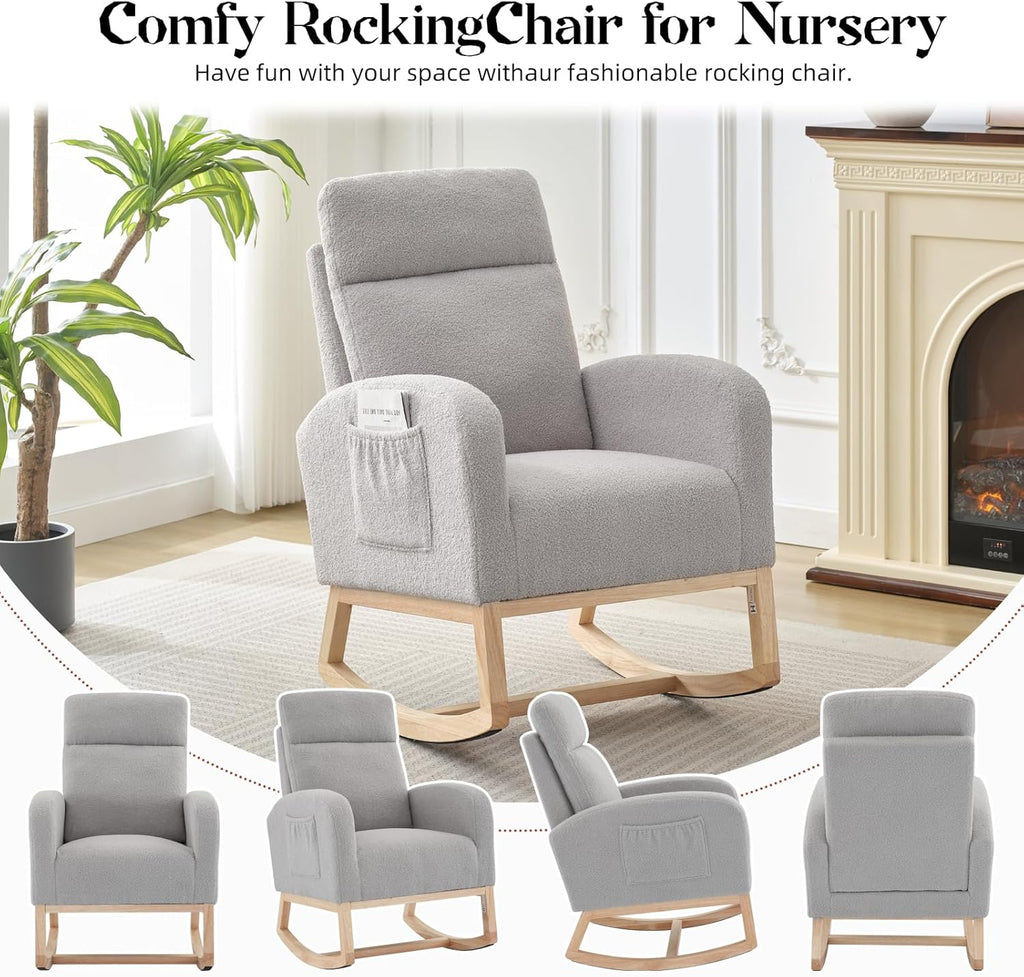 Nursery Rocking Chair, Comfy Modern Glider Rocking Chair with High Backrest and Armrest, Teddy Upholstered Rocking Accent Chair with Side Pockets for Living Room, Bedroom, Office,Gray