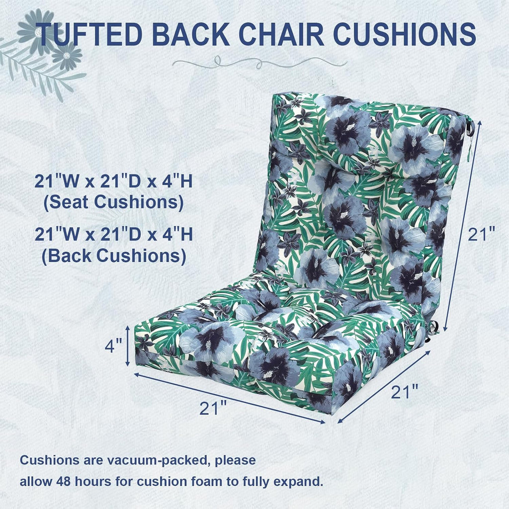Outdoor Seat Chair Cushions, Tufted Back Patio Furniture Cushions Set of 2, Water Repellent Wicker Replacement for Home Garden Chairs, 42x21x4 Inch, Blue Salmone Tropical