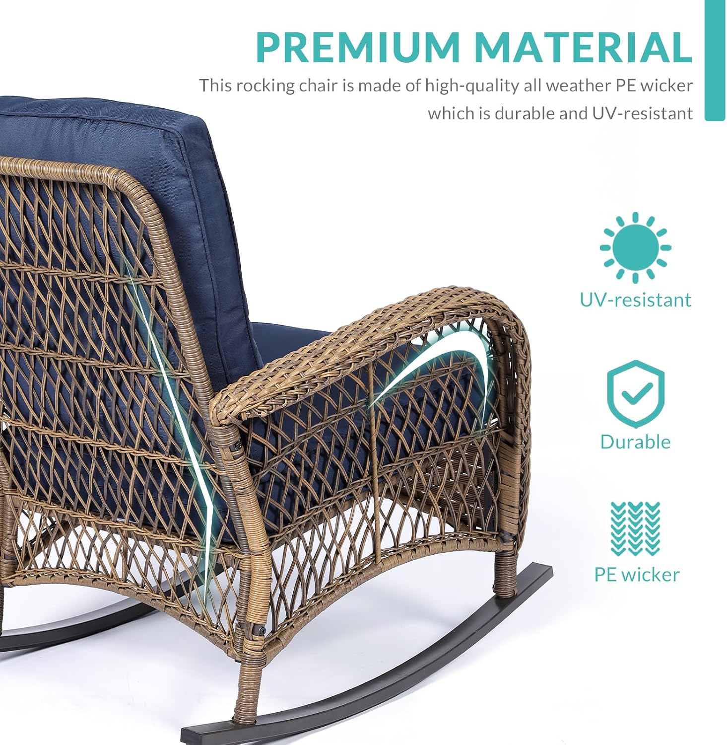 MEETWARM Outdoor Wicker Rocking Chair, Rattan Patio Rocker Chairs with Cushions and High Back, All-Weather Patio Wicker Chair with Safe Rocking Design for Garden Backyard Porch, Brown/Navy Blue