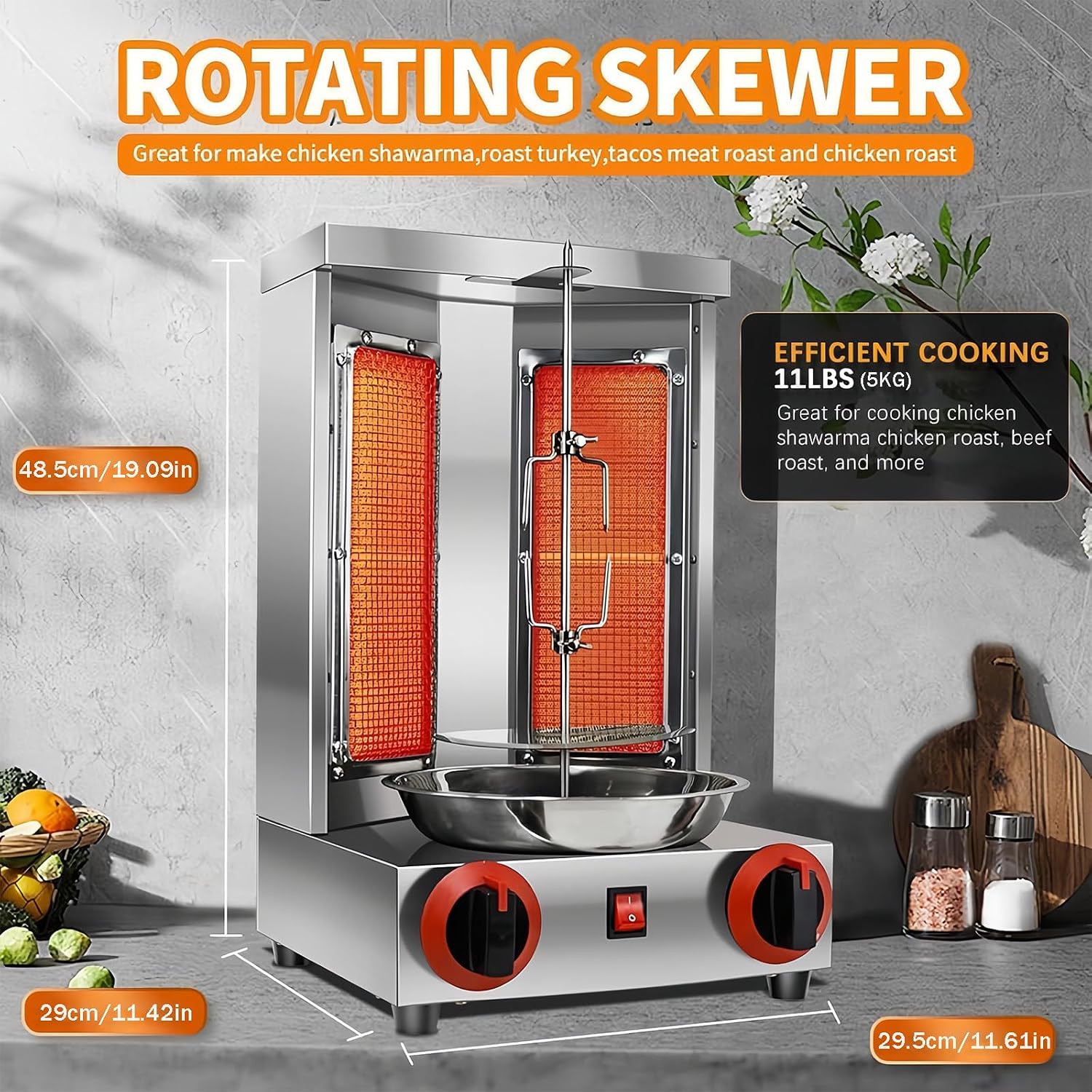 Shawarma Grill Machine LP Gas Gyro Grill Oven Vertical Broiler Rotating Doner Kebab Machine Countertop Rotisserie with 2 Burners for Home Kitchen Adjustable Tempereture Max.300℃,110V