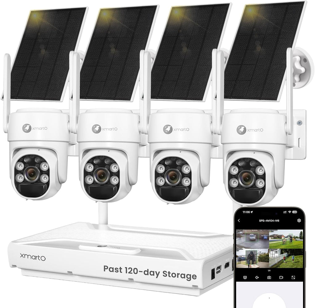xmartO Wire-Free Solar PTZ AI Tracking Security Camera System, 4-Cam Kit, 4MP 2K QHD + 4K 10CH Expandable WiFi NVR, 120-Day+ Local Video Storage, All-Weather Solar Charging