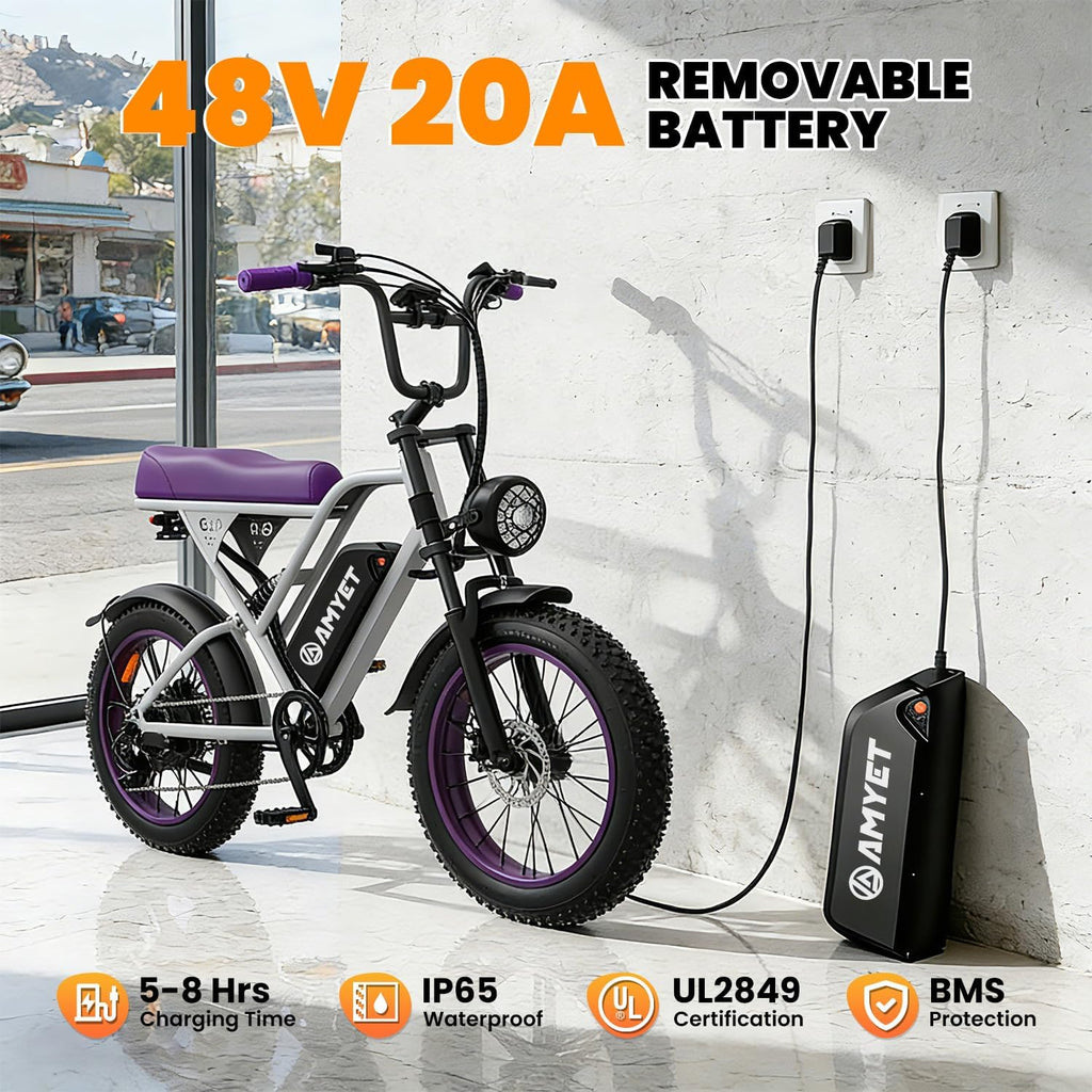 AMYET V9-G60 Electric Bike for Adults, 48V 20Ah(960WH) Ebike with Removable Battery, 20' Fat Tire E Dirt Bike,Dual Shock Absorber, Adults Electric Bike with UL 2849 Certificaed