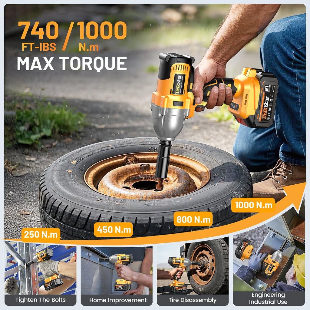 TaskStar Cordless Impact Wrench 740 Ft-lbs(1000N.m) 3300RPM High Torque 1/2 Inch Impact Gun, Electric Impact Driver, Brushless Motor, 2x4.0Ah Battery Fast Charger for Car Tires Truck Mower