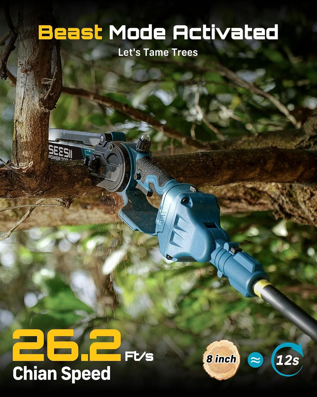 SEESII 2 in 1 Cordless 8 inch Pole Saw & Mini Chainsaw with 2 Battery, Power Electric Polesaw for Tree Trimming, Chain Saw with Extension Pole, Limb Branch Cutter Pruner P8 Ace