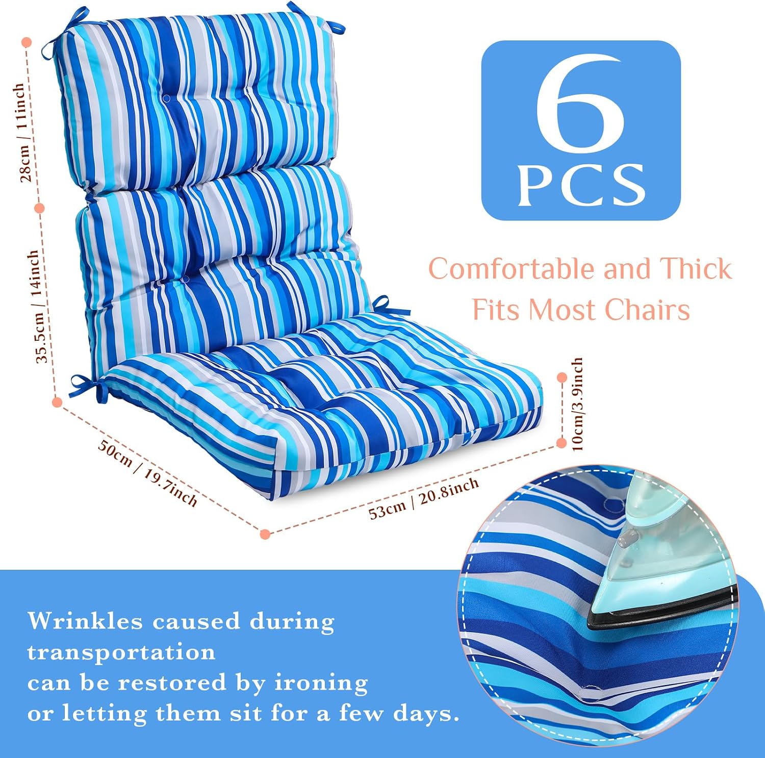 Suzile 6 Pcs Outdoor High Back Chair Cushion Waterproof Patio Seat Back Cushion 21 x 44 x 3(H) '' Rocking Chair Cushion Cover Thickened Patio Chair Pad for Indoor Outdoor Patio Garden(Straight Line)