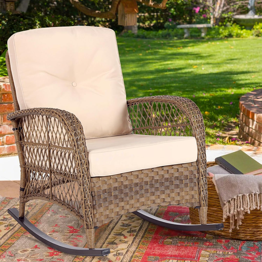 MEETWARM Outdoor Wicker Rocking Chair, Rattan Patio Rocker Chairs with Cushions and High Back, All-Weather Patio Wicker Chair with Safe Rocking Design for Garden Backyard Porch, Brown/Beige