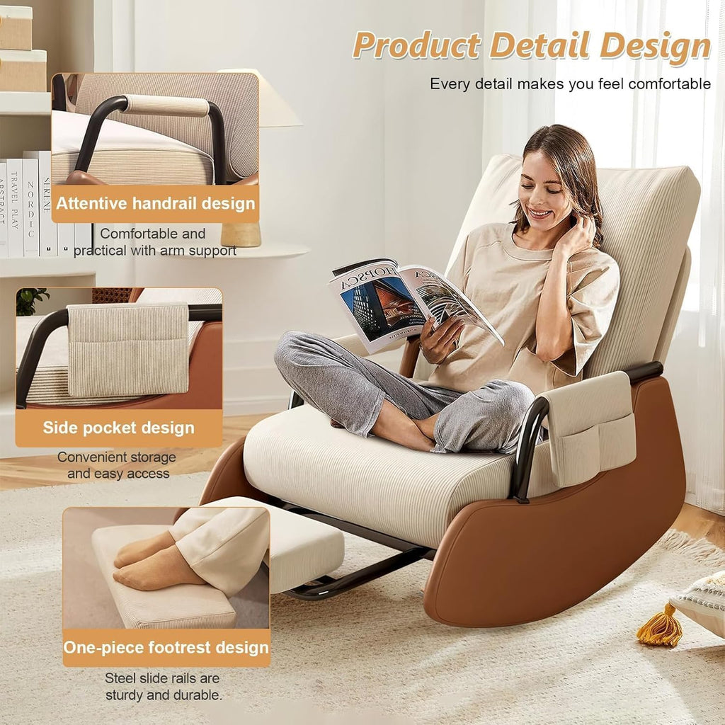 JPBSTO Rocking Chair Nursery, Upholstered Glider Rocking Chair with Footrest, Side Pocket and Adjustable High Backrest, Foldable Rocker Recliner Perfect for Living Room Bedroom, Beige