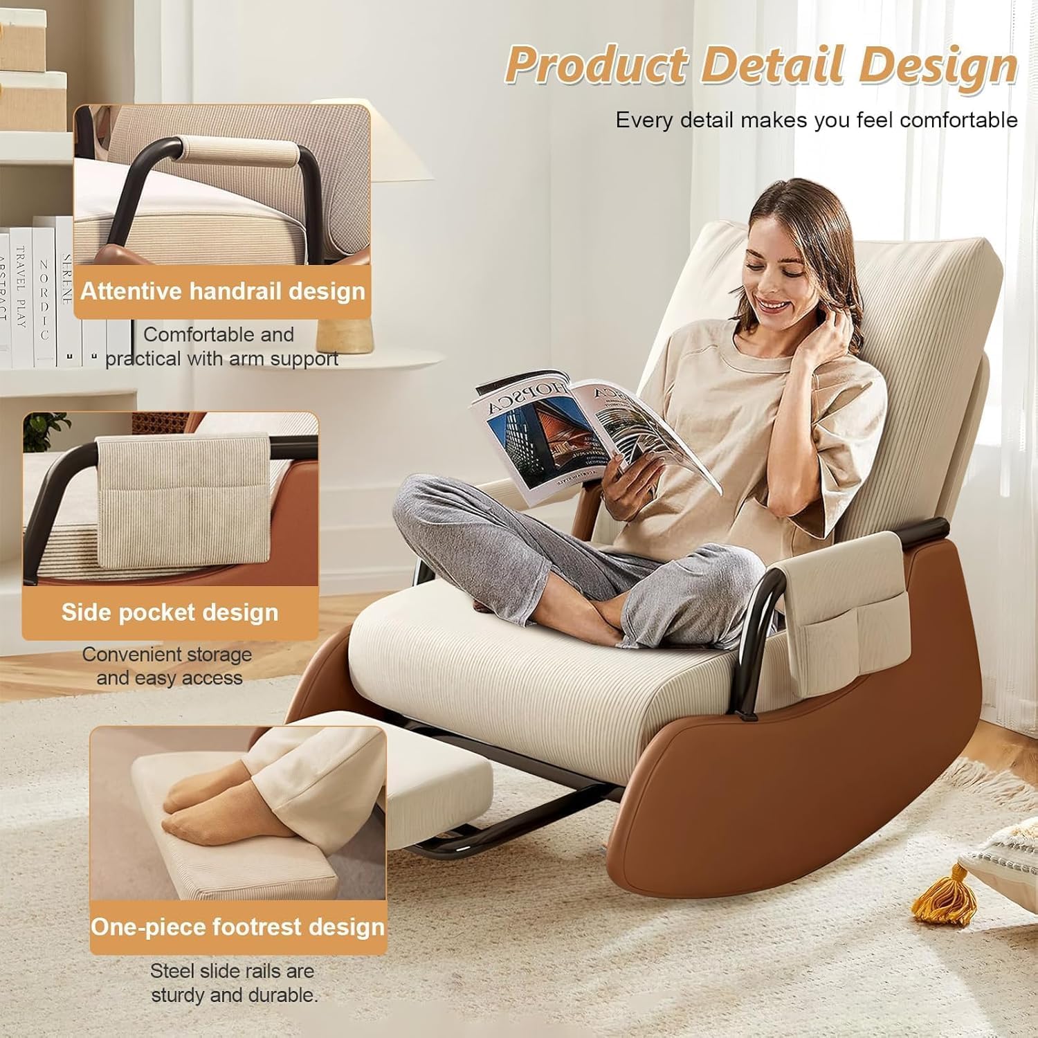 JPBSTO Rocking Chair Nursery, Upholstered Glider Rocking Chair with Footrest, Side Pocket and Adjustable High Backrest, Foldable Rocker Recliner Perfect for Living Room Bedroom, Beige