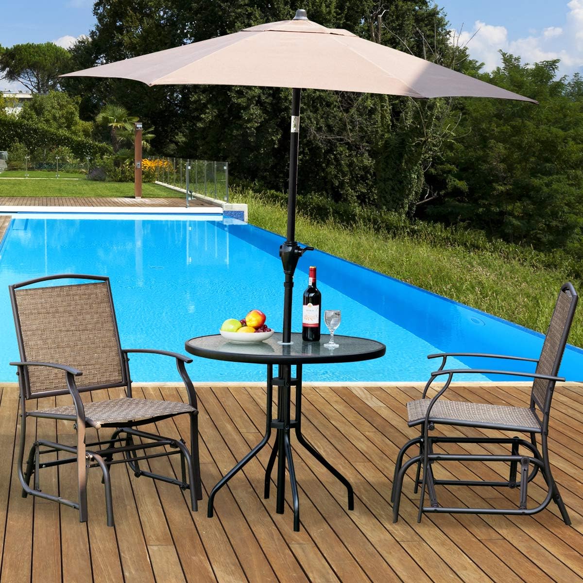Giantex 3PCS Patio Swing Glider Set with One Glass Table W/Umbrella Hole & Two Rocking Chairs 3 -Piece for Outdoor Garden, Pool, Backyard and Indoor Bistro Set