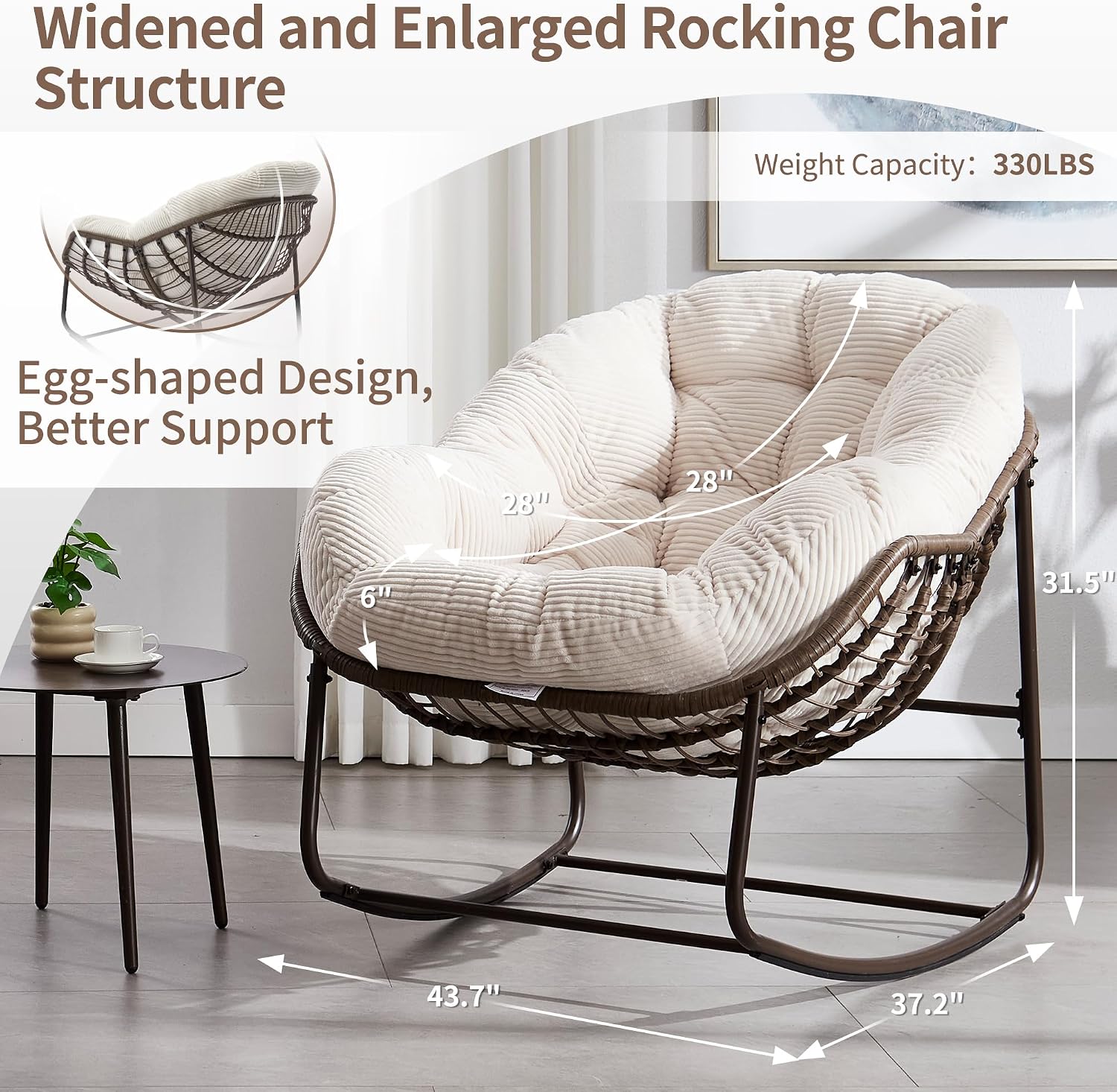 HOMEFUN Outdoor Patio Rocking Chairs Set of 2, Oversized Papasan Rock Chair Indoor with Striped Velvet Padded Cushion - Rocker Egg Seat for Front Porch, Garden, Patio, Backyard White
