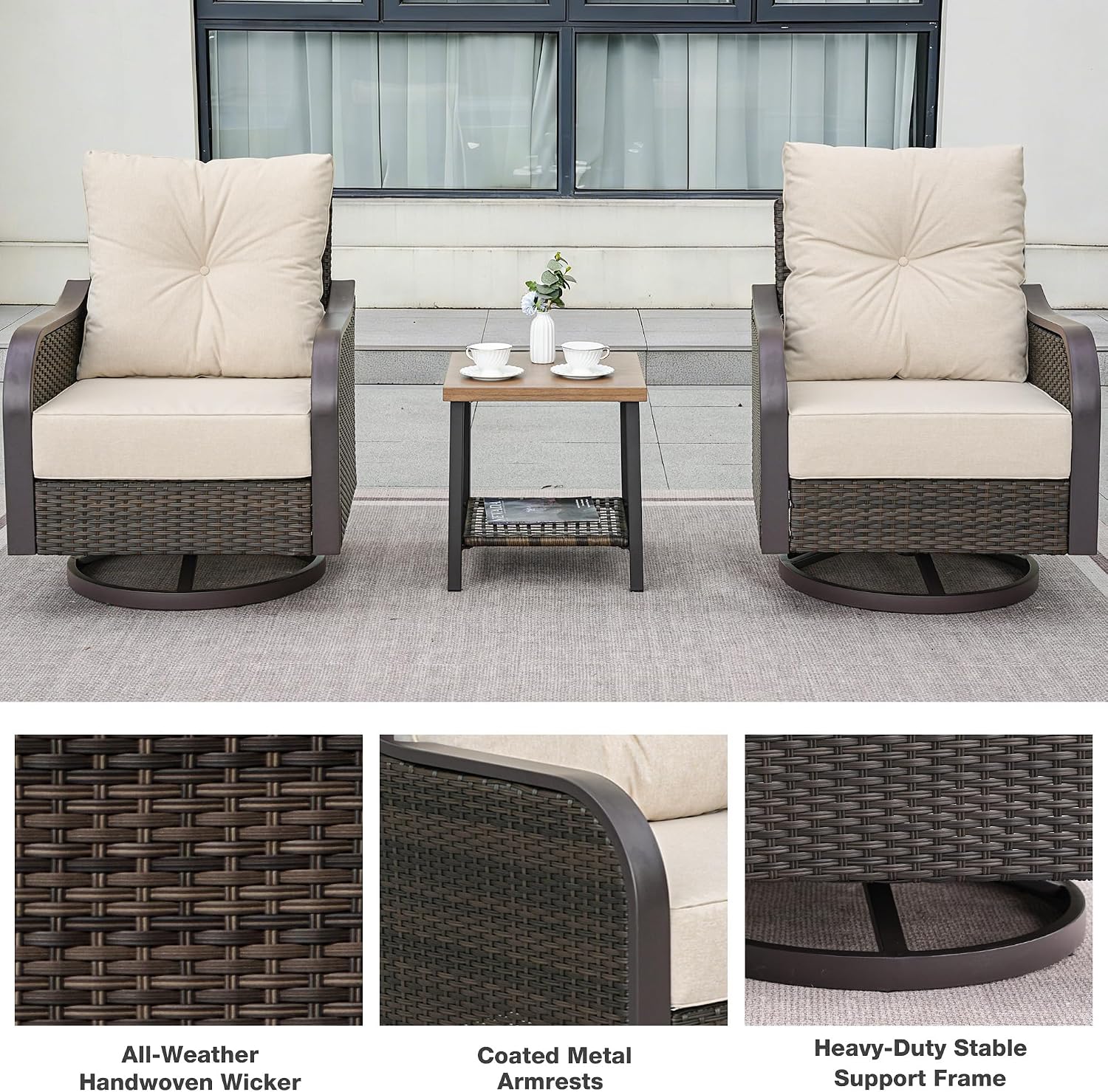 Outdoor Swivel Rocker Chairs, Wicker Swivel Rocking Chairs with 6'' Thick Cushions and Side Coffee Table, 3 Piece Patio Furniture Set for Balcony, Porch, Deck, Poolside, Beige