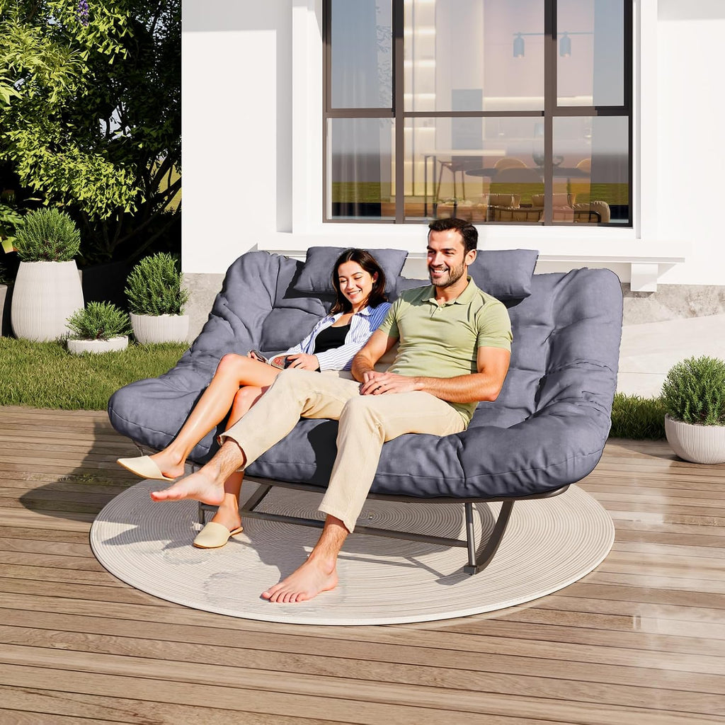 Oversized Outdoor Rocking Papasan Chair,Double Patio Rocking Chair for 2-Person,Loveseat Rocker with Thick Cushion&Rattan Frame,Large Lounge Chair for Outdoor Balcony Garden (Gray)