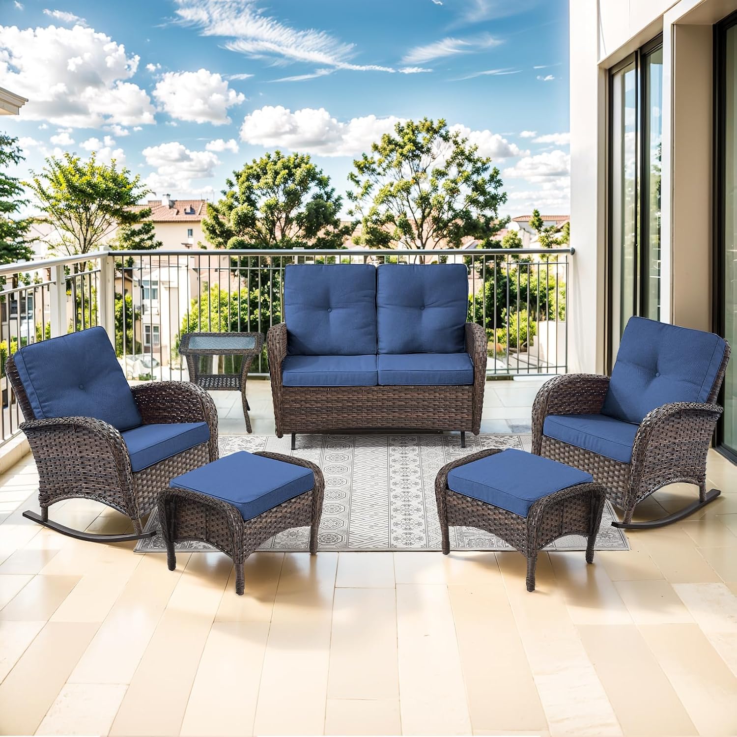 Patio Rocking Chair - 3 Peices Outdoor Wicker Rocker Porch Chair Set with Tempered Glass Side Table, 300 Lb Weight Capacity Rattan Seating for Balcony Garden Brown-Blue