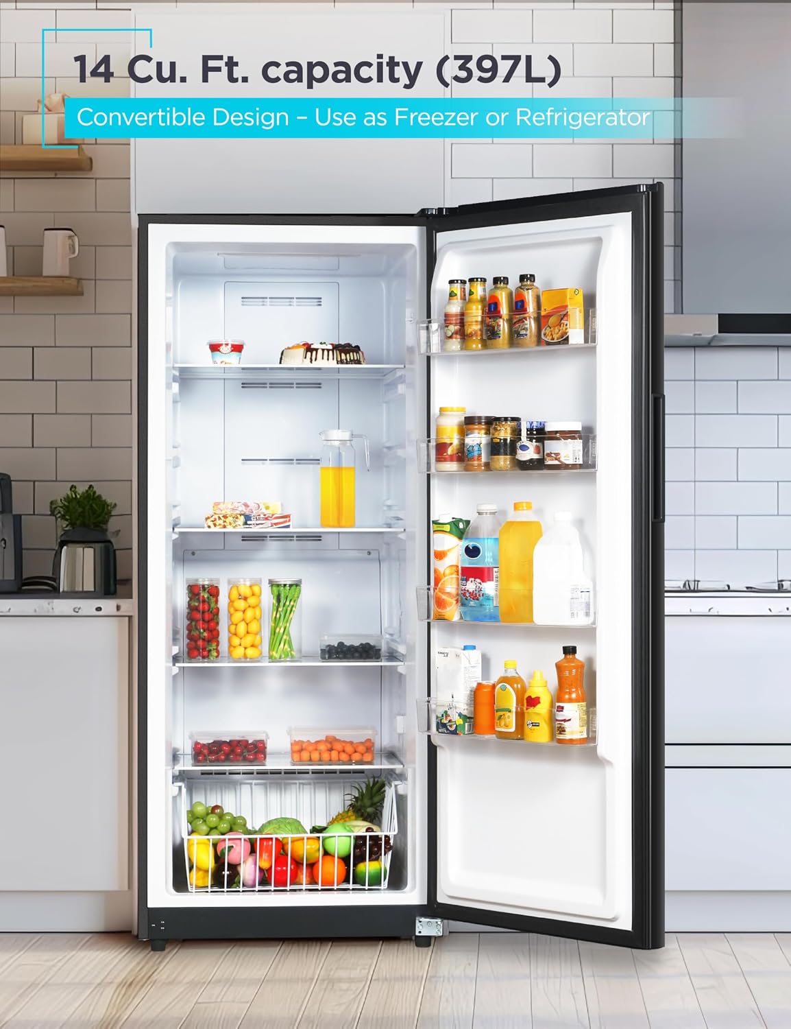 BLACK+DECKER 14 Cu. Ft. Convertible Freezer Refrigerator, Upright Freezer with Glass Shelves, ENERGY STAR rated, Frost Free, BUC1400XB, Black