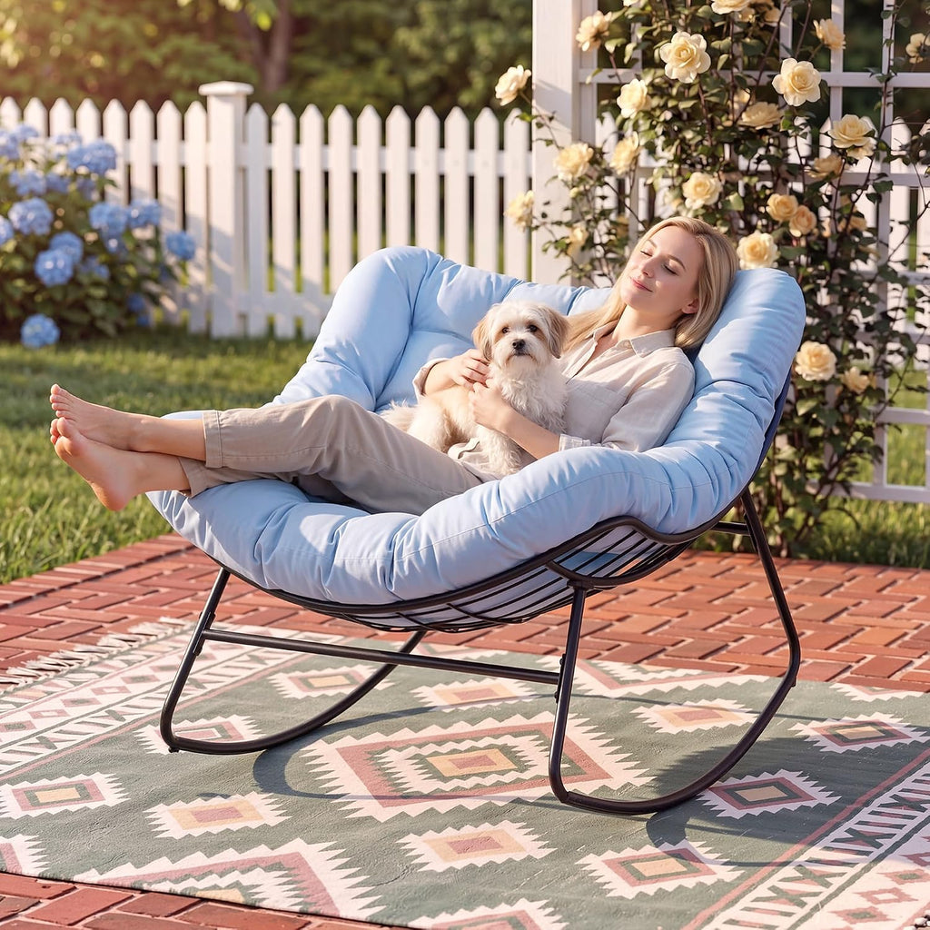 ONBRILL Outdoor Papasan Rocking Chair, 450 lbs Oversized Comfy Patio Chair with Thickened Cushion, Indoor Egg Rocking Lounge Chairs, Rocker Chairs for Patio Porch Garden Living Room Bedroom, Blue