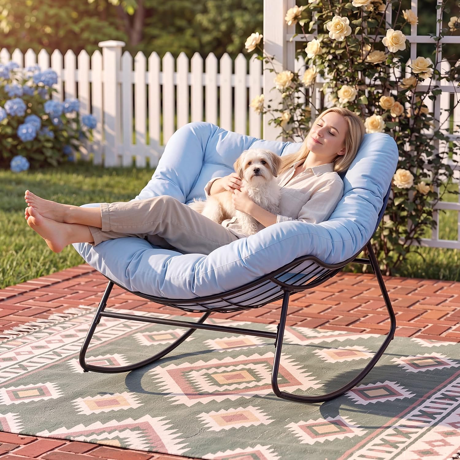 ONBRILL Outdoor Papasan Rocking Chair, 450 lbs Oversized Comfy Patio Chair with Thickened Cushion, Indoor Egg Rocking Lounge Chairs, Rocker Chairs for Patio Porch Garden Living Room Bedroom, Blue