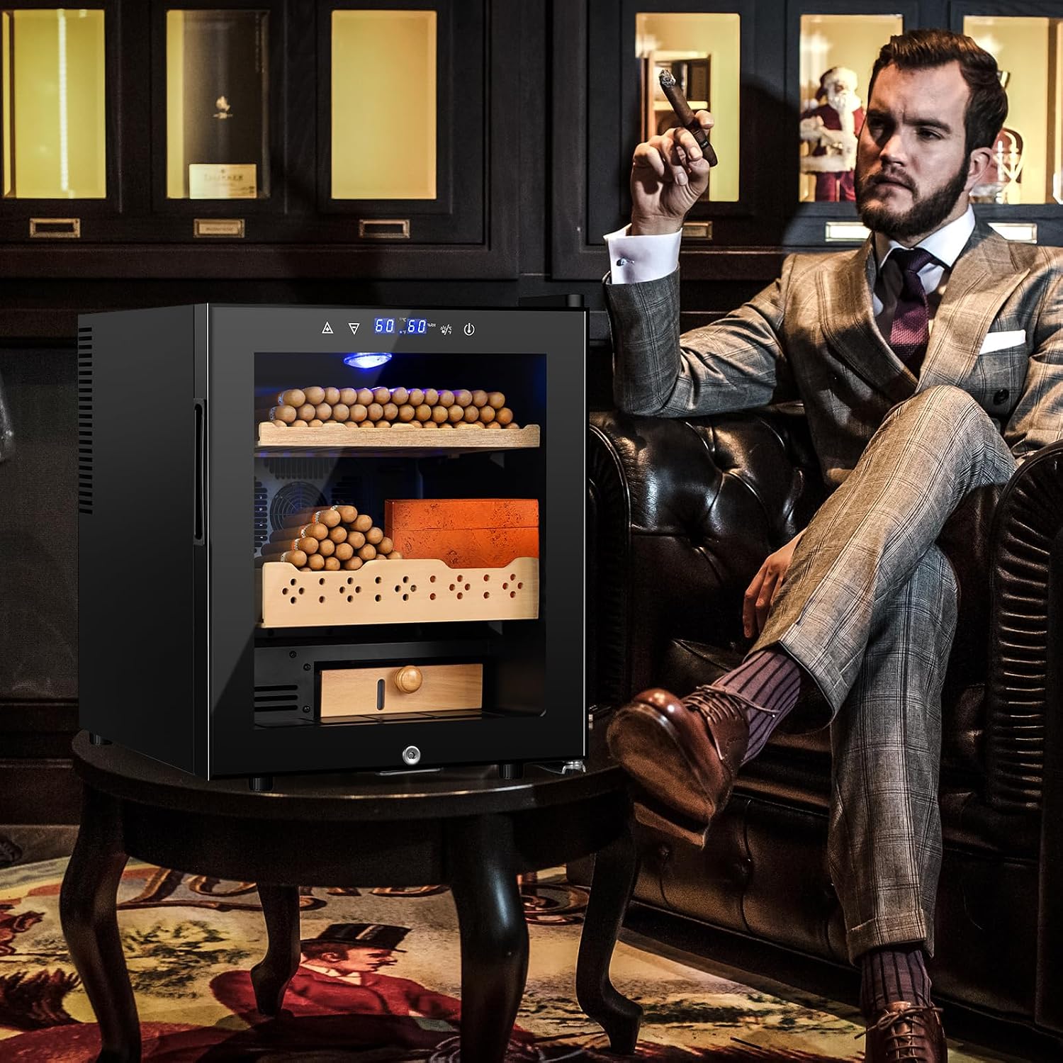 Electric Humidor for Cigars, 50L 300 Counts Large Capacity, Thermostatic Electric Cigar Cooler Cabinet with Spanish Cedar Wood Shelves, Digital LED Screen, Smart Humidity & Temp Control, Gifts for Men