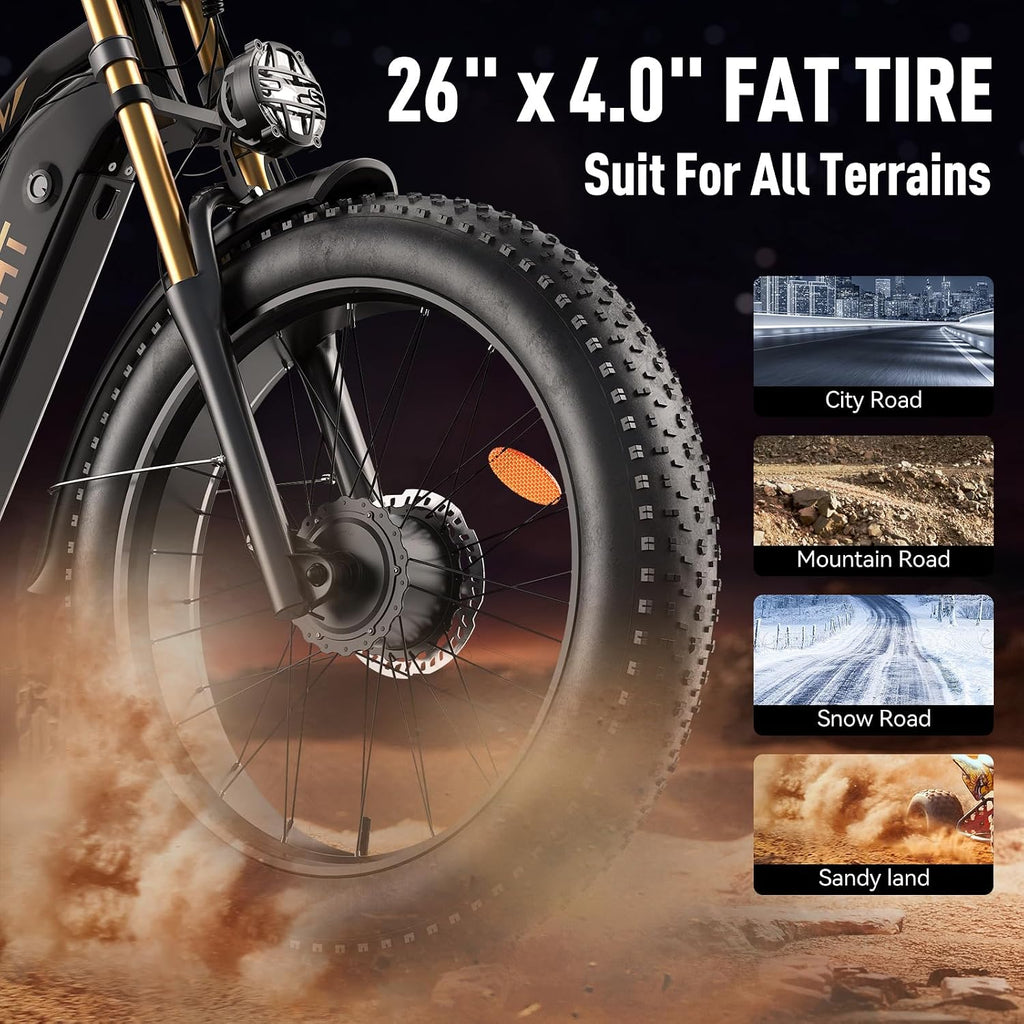 Dual Motor Electric Bike Peak 3000W, 52V 20AH Battery E Bike for Adults 26 Inch Fat Tire Mountain Electric Bicycle 38 MPH, Full Suspension Dual Hydraulic Disc Brake