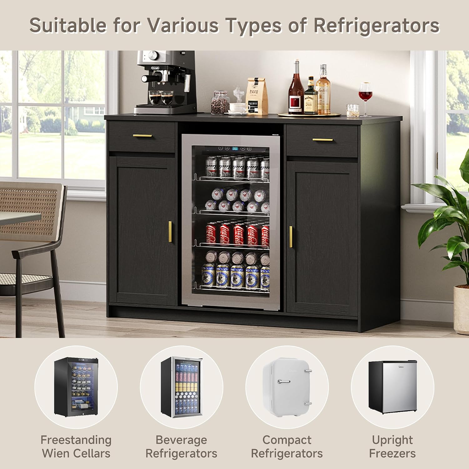 Herture Mini Fridge Cabinet,Coffee Bar Cabinet with Fridge Space & Wine Storage with Outlets,Fits 24' Fridge,Mini Fridge Stand,Buffet Sideboard Table Wine Cabinet for Kitchen Dining Room Black KH04MRB