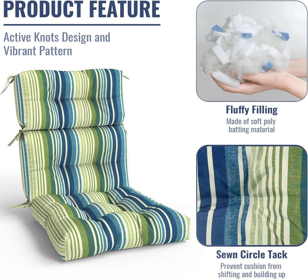 Outdoor High Back Patio Chair Cushions, Tufted Rocking Chairs Cushions, Adirondack Cushions for Garden Porch Home Office Chair Use, 44' x 22' x 4', 2 Pack,Stripe Blue Green