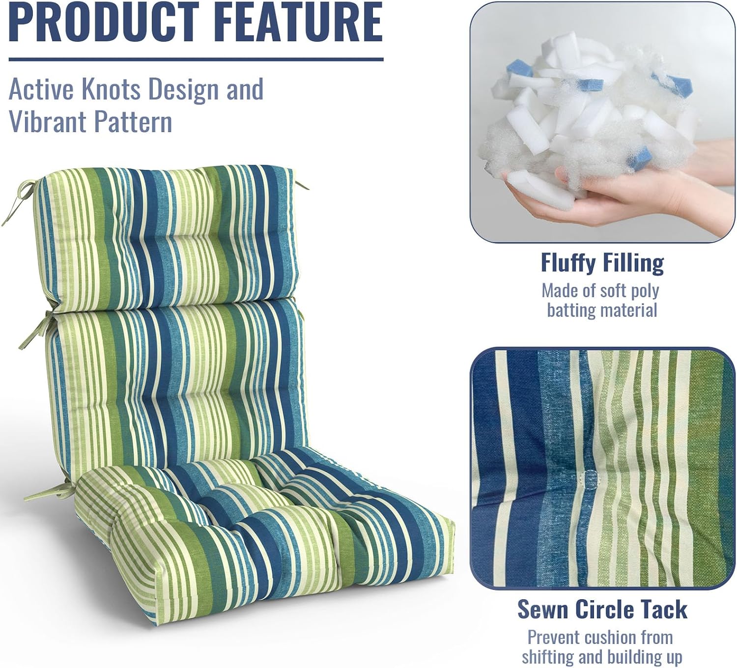 Outdoor High Back Patio Chair Cushions, Tufted Rocking Chairs Cushions, Adirondack Cushions for Garden Porch Home Office Chair Use, 44' x 22' x 4', 2 Pack,Stripe Blue Green