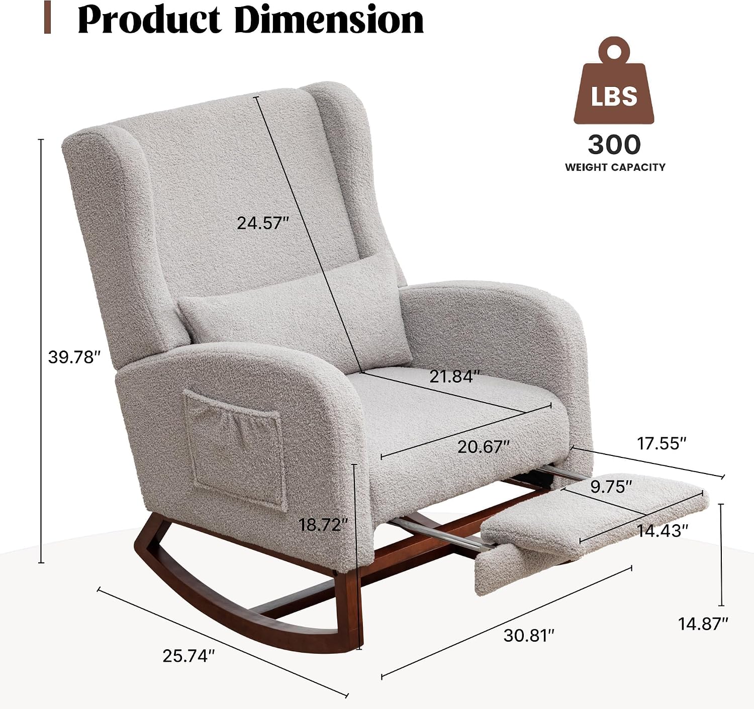 HCHAIRH Rocking Chair Nursery with Foot Rest, Wingback Nursery Rocking Chairs, Grey Teddy Nursing Glider Rocker Chair with Pillow and High Back for Nursery, Living Room, Bedroom