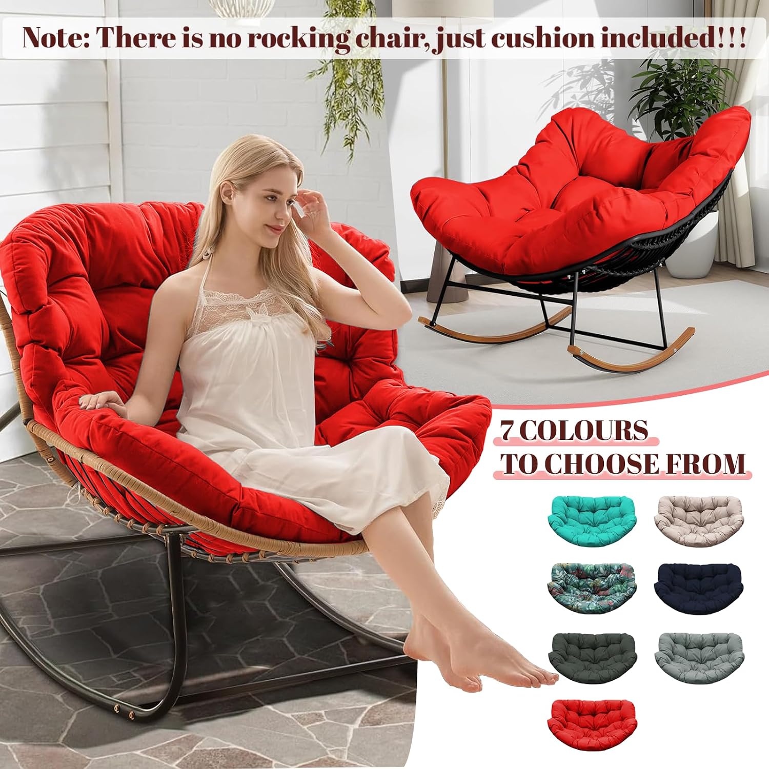 Outdoor Rocking Chair Cushions Replacement, 6''Thick Waterproof & Fade Resistant Papasan Chair Cushion with 6 Straps,Tufted Egg Chair Cushion for Indoor & Outdoor (Red)