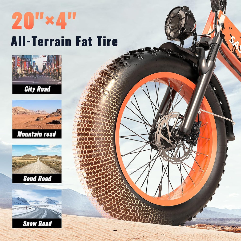 Folding 52V 20Ah Removabke Battery Electric Bike 1500W Peak Motor 20'' Fat Tire Mountain Commuter Ebike Motorcycle Range 70 Miles UL Certified Adult Electric Dirt Bike with 7-Speed