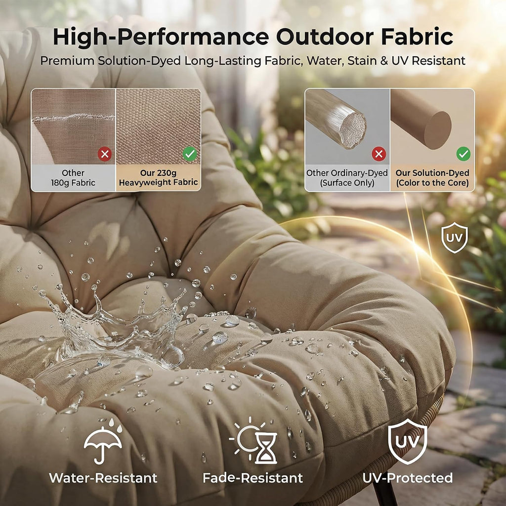 NICESOUL Patio Double Rocking Papasan Chair with Ottoman, Indoor Outdoor Padded Rocking Chair for 2 Person, Oversized Egg Loveseat Wide Rattan Cozy Royal Rocker for Lawn, Garden, Deck, Tan