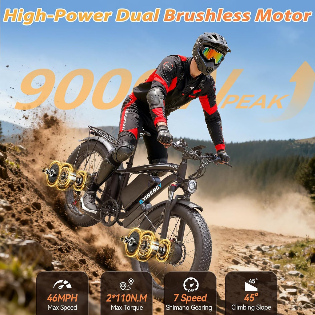 9000W Peak Dual Motor Ebike for Adults, 46MPH Fast Electric Bike for Adults with 60V 1560Wh Battery, 24' Fat Tire E-Bike, Hydraulic Disc Brake, Electric Bicycle for Snow Off-Road Commuter