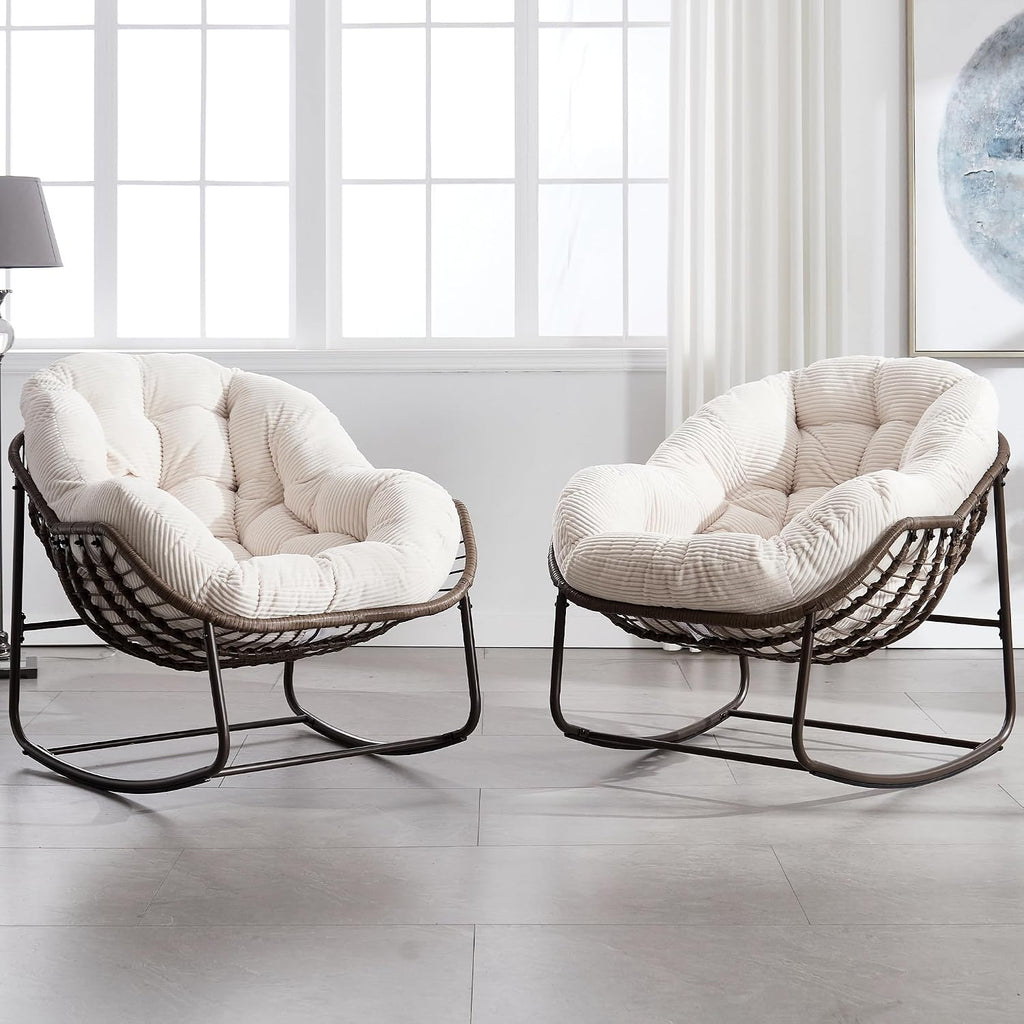 HOMEFUN Outdoor Patio Rocking Chairs Set of 2, Oversized Papasan Rock Chair Indoor with Striped Velvet Padded Cushion - Rocker Egg Seat for Front Porch, Garden, Patio, Backyard White