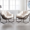 HOMEFUN Outdoor Patio Rocking Chairs Set of 2, Oversized Papasan Rock Chair Indoor with Striped Velvet Padded Cushion - Rocker Egg Seat for Front Porch, Garden, Patio, Backyard White