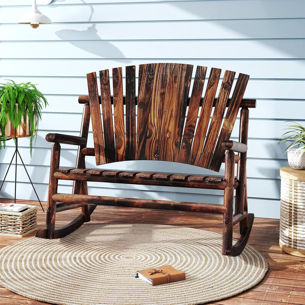 Giantex Outdoor Wooden Rocking Bench, 2-Person Adirondack Porch Rocker Chair with High Back and Slatted Seat, Rustic Log Loveseat for Front Porch Patio, Backyard, Garden, Brown, 51'x38'x46'