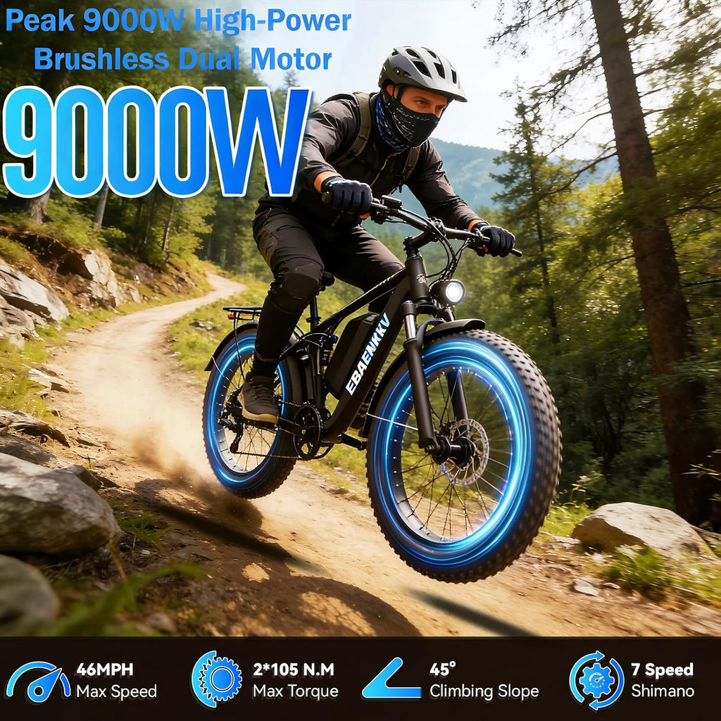 Peak 9000W Dual Motor Ebike for Adults,46MPH Fast Electric Bike 52V 34Ah Up to 100 Miles Long Range,24' Fat Tire Ebikes,SHM 7-Speed Full Suspension Electric Bicycle for Mountain Commuter Off-Road Snow