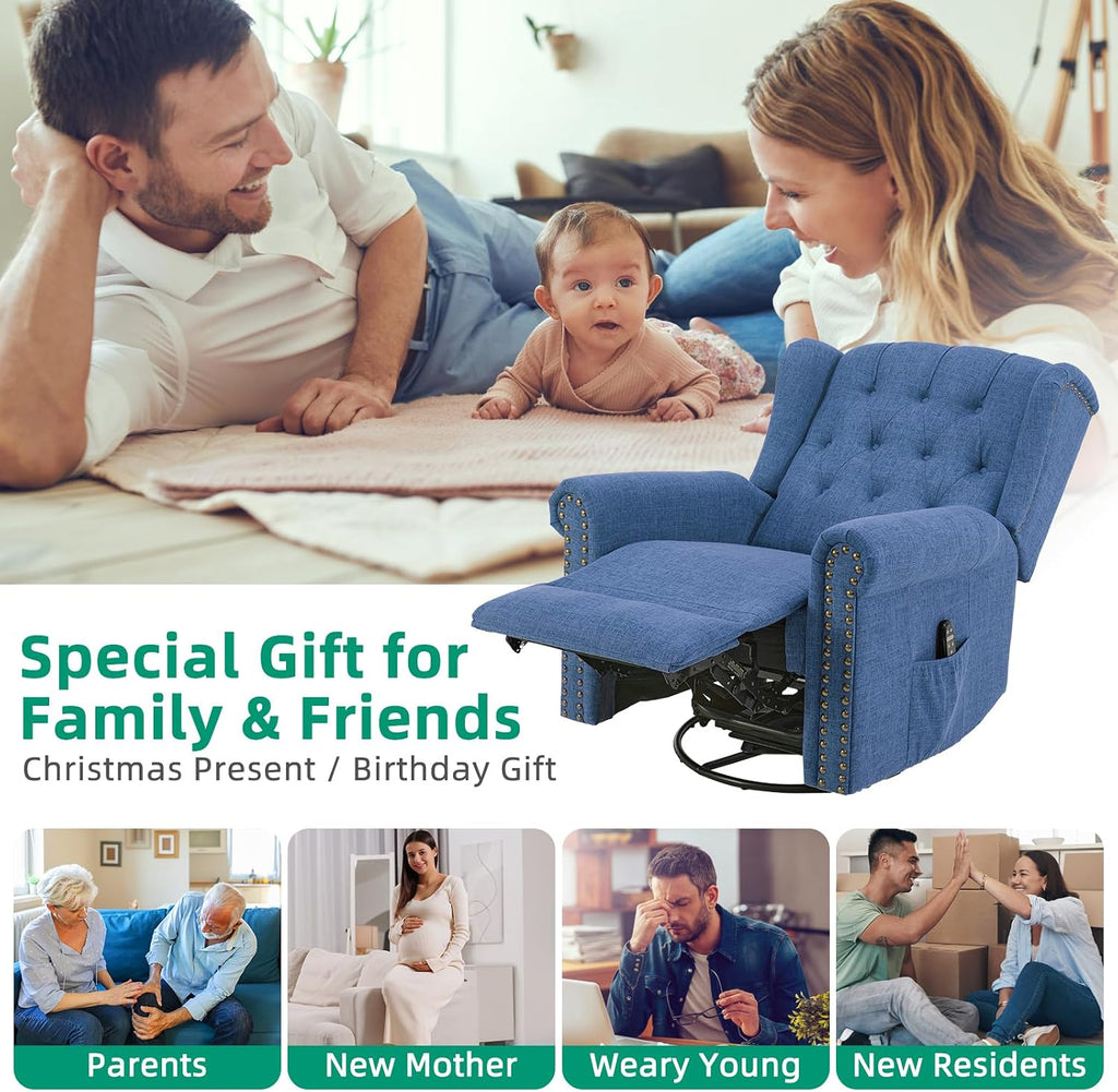 VIVIJASON Power Swivel Rocking Recliner Chair with Massage & Heat, Electric Rocker Glider Chair for Nursery, Wingback Tufted Upholstered Recliner W/Type-C & USB Ports for Living Room, Bedroom, Blue