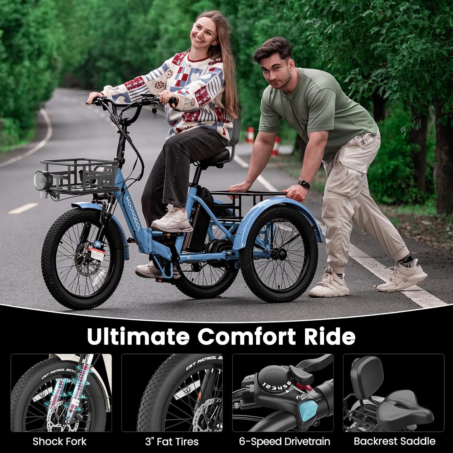 MOONCOOL Electric Trike for Adults, 500W/750W 48V Electric Tricycle for Adults, 20'x3.0' Fat Tire 3 Wheel Electric Bike, Folding Aluminum Adult Tricycle with Removable Battery
