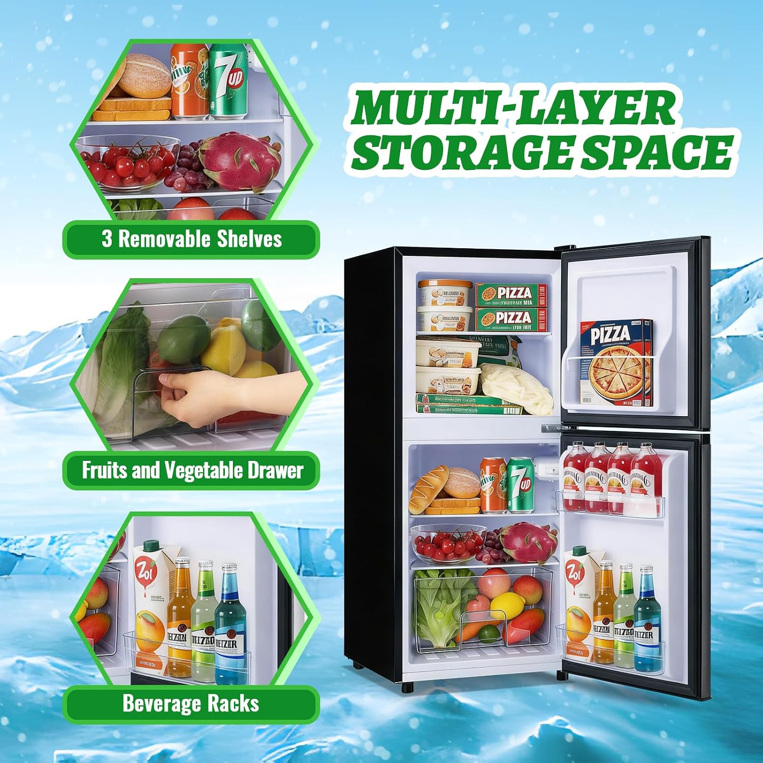 DEMULELR 3.9Cu.ft Refrigerator with Freezer Black Two Door Mini Fridge with Crisper Drawer & Extra Drink Space, LED Light, Full-Size Fridge for Dorm Office 17.5'D x 17'W x 40'H，Silver