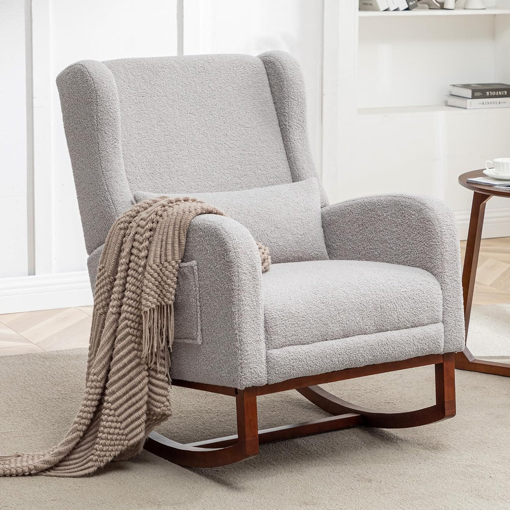 HCHAIRH Rocking Chair Nursery with Foot Rest, Wingback Nursery Rocking Chairs, Grey Teddy Nursing Glider Rocker Chair with Pillow and High Back for Nursery, Living Room, Bedroom