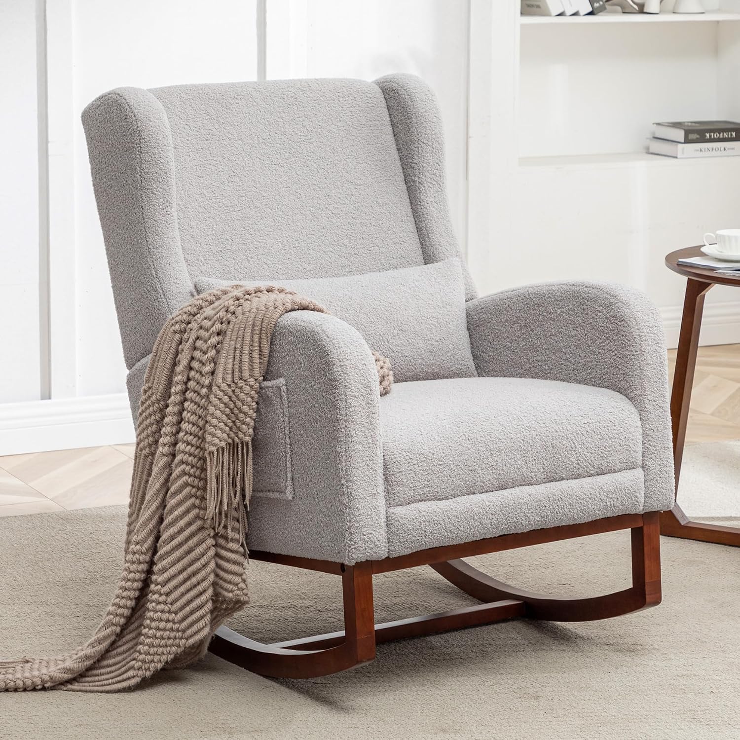 HCHAIRH Rocking Chair Nursery with Foot Rest, Wingback Nursery Rocking Chairs, Grey Teddy Nursing Glider Rocker Chair with Pillow and High Back for Nursery, Living Room, Bedroom