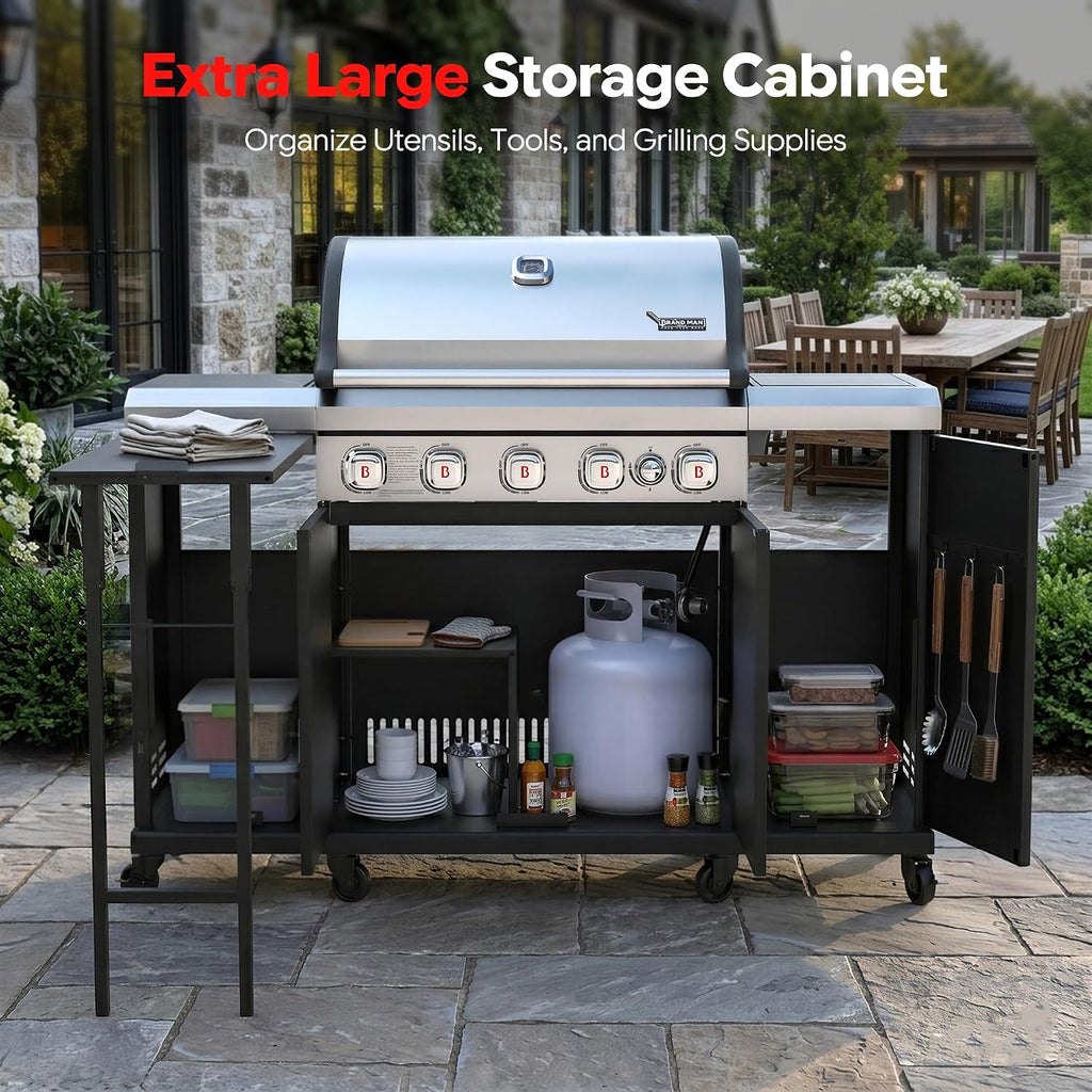 Brand-Man Propane Gas Grill Island Outdoor Kitchen & Storage Cabinets, 52000 BTUs Stainless Steel Burner Patio Cooking BBQ Grill with Side Burner - Natural Gas Convertible, Black (5 Burner)