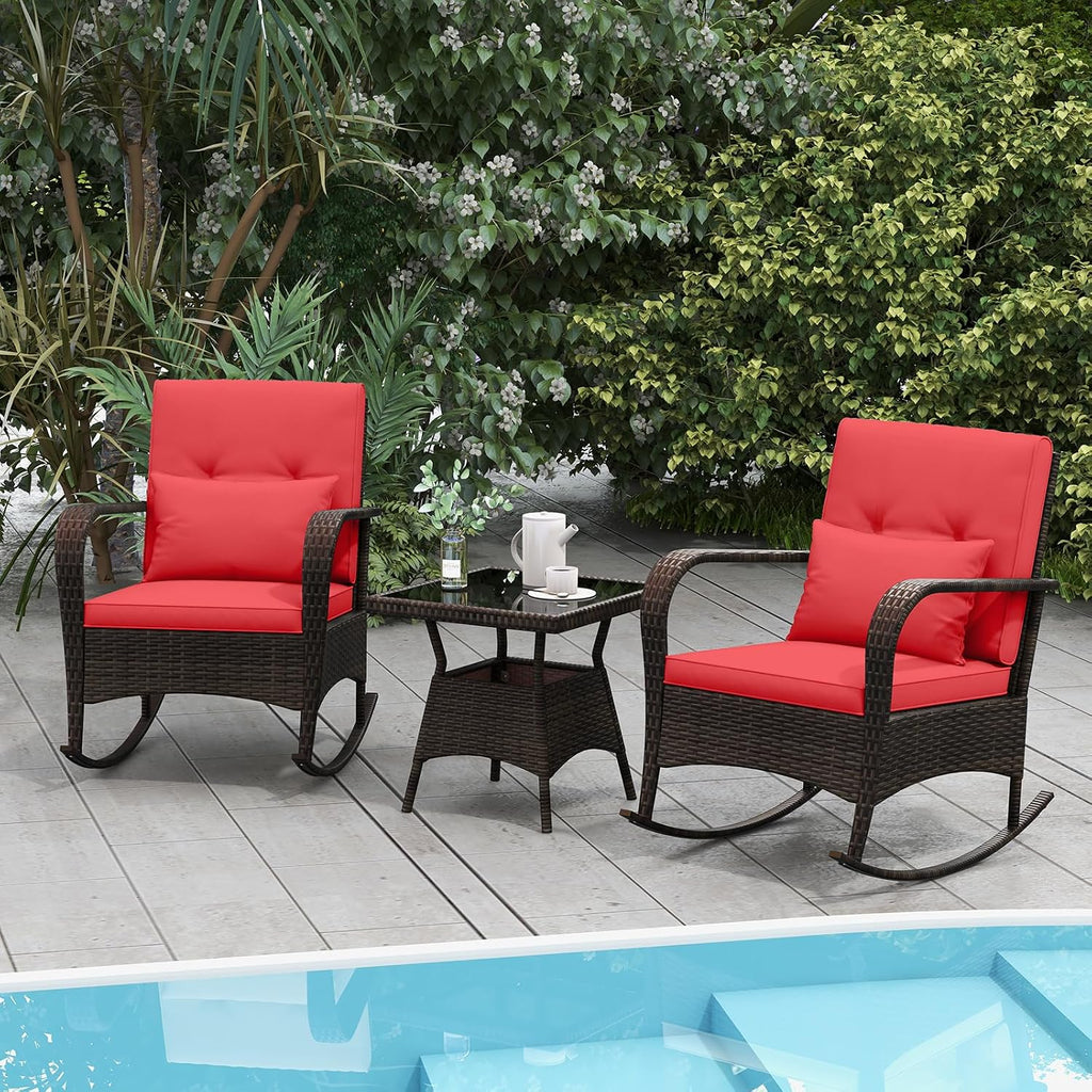Tangkula 3 Pieces Rocking Bistro Set, Patiojoy Outdoor PE Rattan Rocker Chairs with Removable Cushions & Tempered Glass Top Coffee Table, Outdoor Wicker Furniture Set for Porch, Garden (Red)