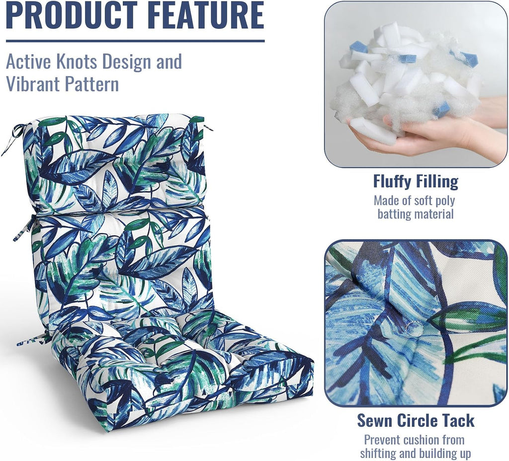 Outdoor High Back Patio Chair Cushions, Tufted Rocking Chair Cushions, Adirondack Cushions for Garden Porch Home Office Chairs Use, 44' x 22' x 4', 2 Pack, Leaves Ink Blue