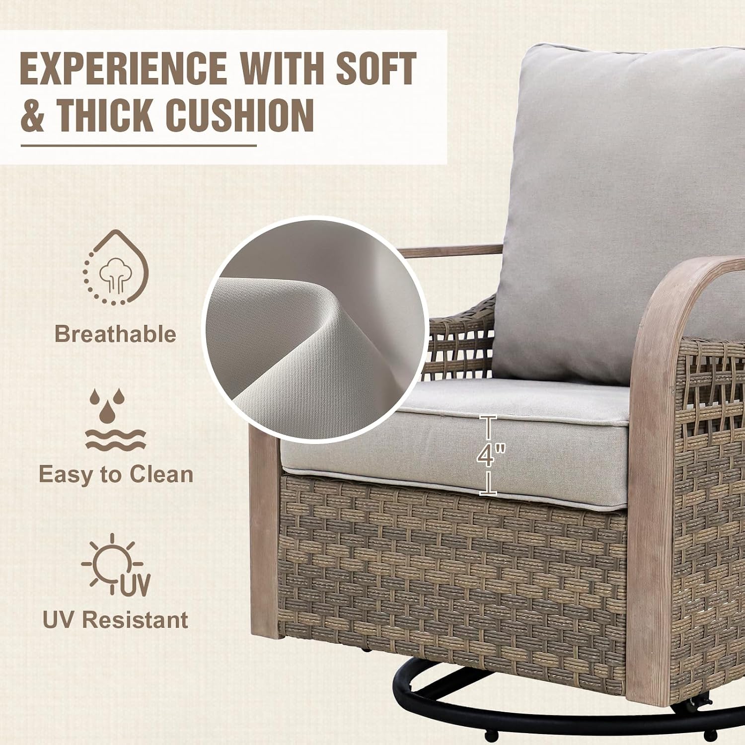 Modern Wicker Outdoor Swivel Rocking Chair, Rattan Glider Rocker with Streamlined Armrest, 2 Piece Patio Chairs for Backyard, Deck, Porch, Garden, Brown/Gray