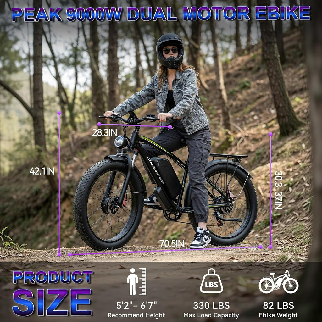 58V Max-Output Dual Motor Ebike, Peak 9000W for Adults 36AH Battery 47MPH 105 Miles Range 24 Inch Fat Tire Electric Bike LCD Display for Man Women